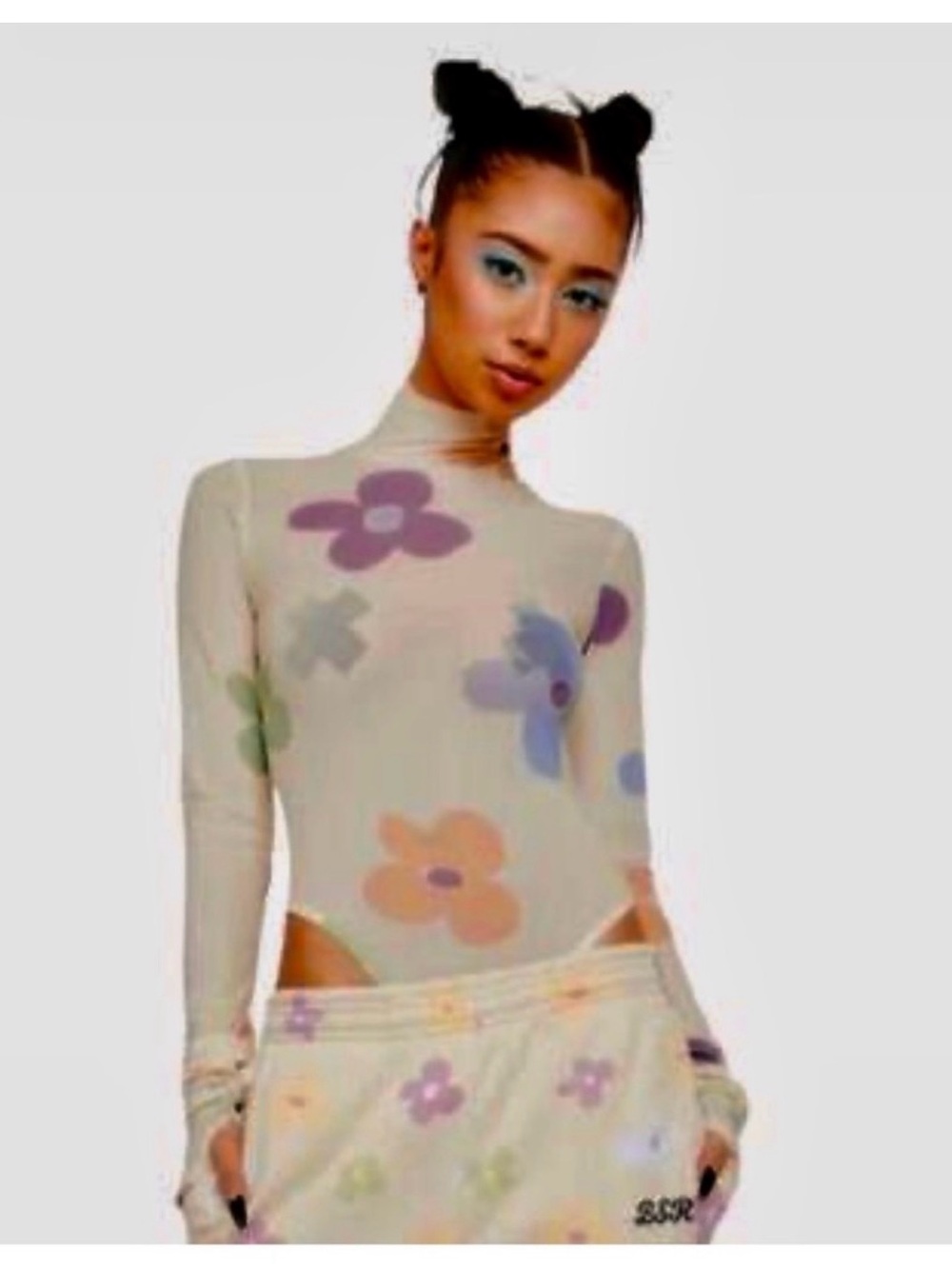 BSR by Samii Ryan Floral Print Sheer Bodysuit